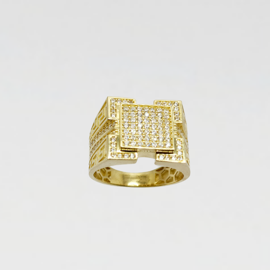 10K Anillo De Hombre -  Cuadrado Con Diseño Y Diamante