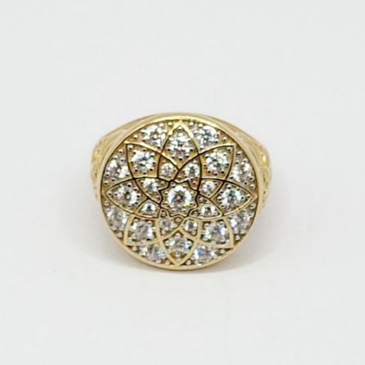 14K Anillo De Hombre - Diseño Floral Y Piedras En Grupo Con Diamante