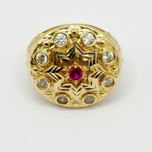 14K Anillo De Hombre - Diseño Con Ruby Y Diamantes