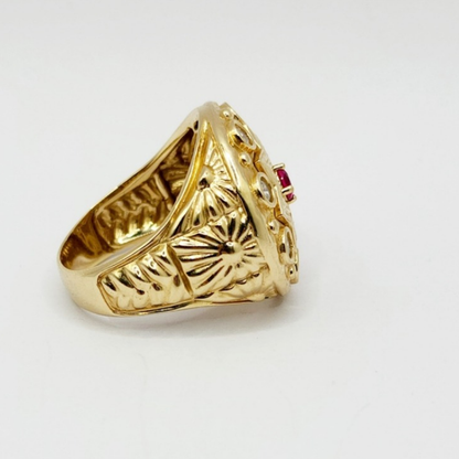 14K Anillo De Hombre - Diseño Con Ruby Y Diamantes