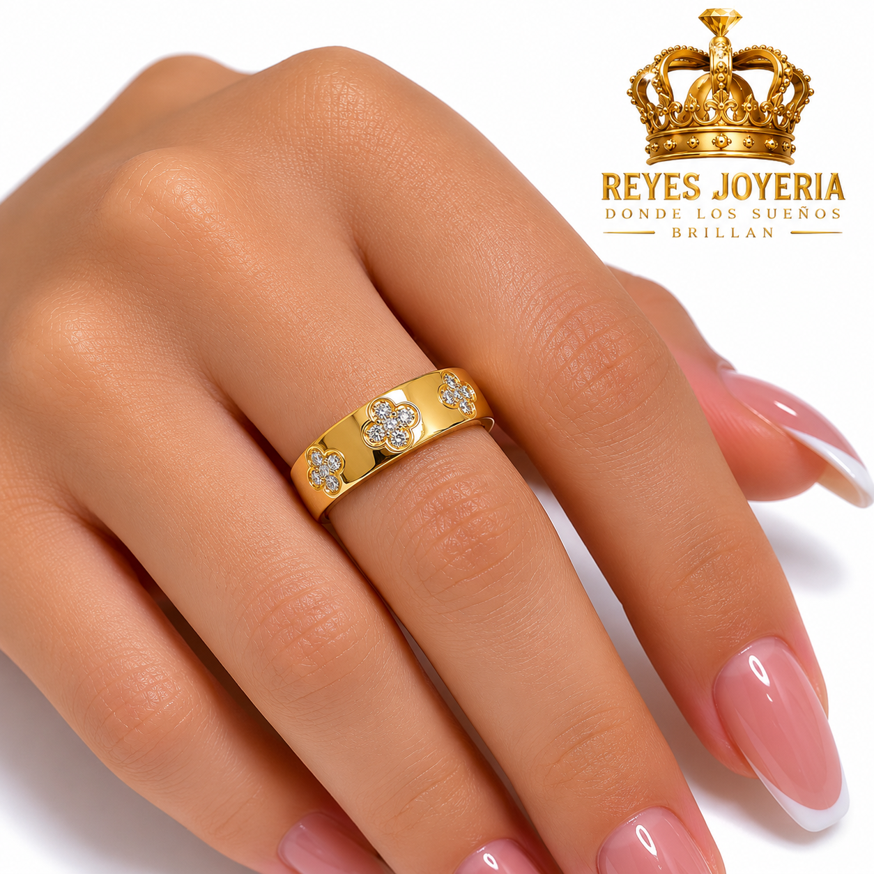 Anillo de alianza con flor de piedra 10 kt
